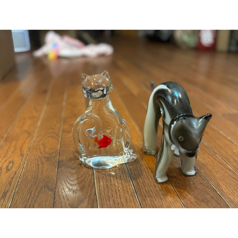 Murano Style Art Glass Cat Figurines Set Clear with Fish & Smoky Gray Cat